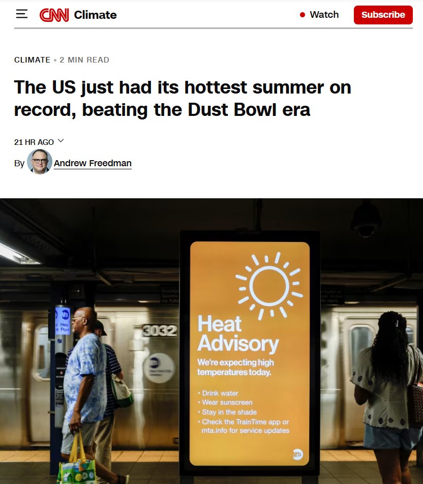 ChrisMartzWX's tweet photo. 2026 was not the “hottest summer on record” in the Conterminous United States. 

This framing by CNN and most other legacy media outlets is highly misleading, even if the information that they're reporting is correct [at face value].

The term “hottest” implies that the average maximum temperatures (daytime highs) were the highest on record. But NOAA NCEI's nClimDiv dataset shows that they were 4th highest on record behind 1936, 1934, and 2012, respectively. What they should say is that it was the “warmest on record” (but even that might not be true for reasons I'll mention in a later post). Even NOAA does not claim 2026 was the “hottest summer on record” in U.S. They carefully said “warmest.”

🔗https://t.co/0Pkn31UVRB

The reason why summer 2026 was the “warmest” on record is due to very high overnight low temperatures, not so much daytime highs. Most of the extreme heat in terms of daytime highs this past summer was also confined to the Desert Southwest / Four Corners area of the Lower 48.

I plotted a map of the average temperature rankings for all 344 U.S. climate districts NOAA uses below. Notice that there are very few No. 1s in the U.S. this year, and that all are confined to the Southwest (as well as the majority of the other top fives). But if you look at the summer of 1936, the No. 1s cover about half of the map and it was a top five warmest summer for most of the country. 

So, spatially speaking, 2026 came nowhere close to 1936, and anyone claiming otherwise is being highly dishonest. It is an apples-to-oranges comparison.