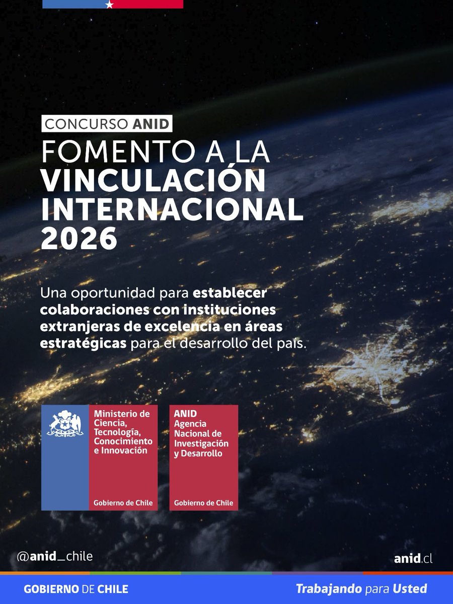 ANID_Chile's tweet photo. Ya abrimos el concurso de Fomento a la Vinculación Internacional para Instituciones de Investigación 2026. En cinco años, este instrumento ha financiado redes que conectan a más de mil entidades chilenas, de todas las regiones del país, con cerca de 1.900 extranjeras.

Esta convocatoria suma, por primera vez, un área desarrollada junto al European Southern Observatory, en el marco del acuerdo entre Chile y ESO por el Extremely Large Telescope.

Revisa las bases en https://t.co/N8LPj8PgDe.