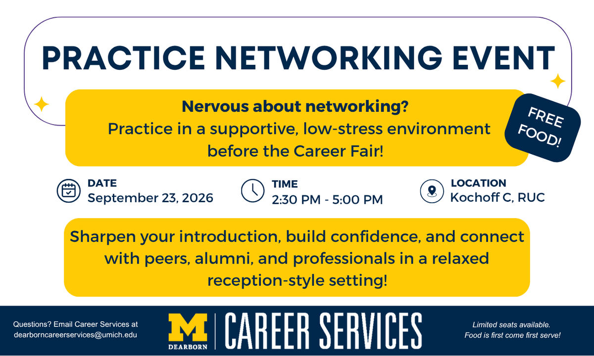 UMDearborn_CS's tweet photo. 🤝 Practice Networking Event

Nervous about networking?
Practice in a supportive, low-stress environment before the Career Fair!

📅 September 23, 2026
🕝 2:30 PM – 5:00 PM
📍 Kochoff C, RUC
      FREE FOOD! https://t.co/sGR0xAjGqQ