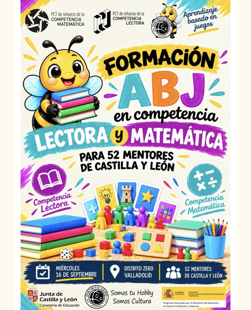 PCT_Lectura_CyL's tweet photo. El 16 de septiembre, 52 mentores de #PCTLecturaCyL y #PCTMatesCyL acudiremos a @DistritoZer0  en 📍Valladolid para recibir formación en ABJ, metodología que pone en valor el juego como herramienta de aprendizaje #formacionCyL @educacyl @Hoy_Libro https://t.co/0VanQ3Wi5N