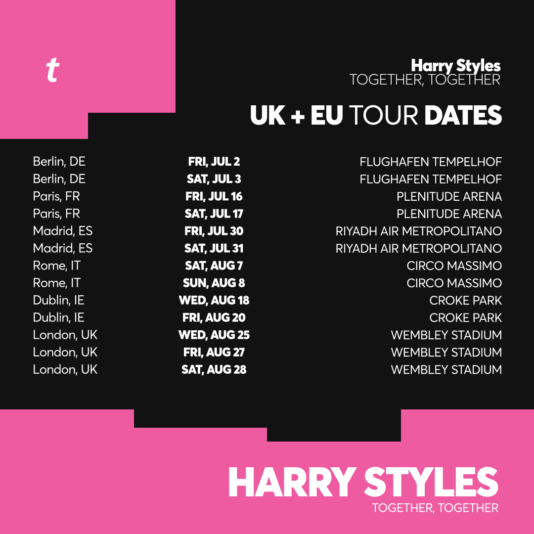 Ticketmaster's tweet photo. Let’s dance 🕺 @Harry_Styles just announced additional dates for Together, Together 🪩

Here’s what to know so you’re ready when tickets drop.

🎫 : https://t.co/5R5j24x0pE https://t.co/a19y54c1Xw