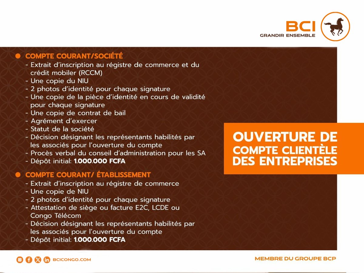 BciCongo's tweet photo. Simplifiez la gestion quotidienne de votre entreprise avec le Compte Courant Entreprises BCI.

Une solution pensée pour faciliter vos opérations bancaires, gérer vos encaissements et décaissements et accompagner le développement de votre activité.

👉 Avec la BCI, votre entreprise avance avec les bonnes solutions financières