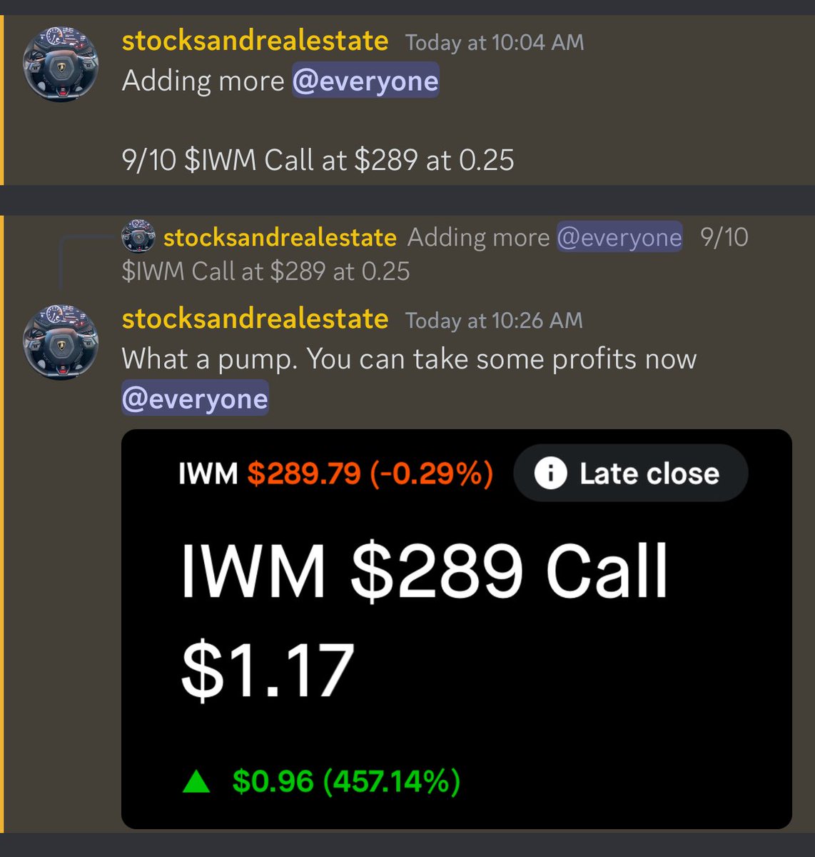 stocksandreales's tweet photo. WE BOUGHT THE BOTTOM AT 10AM
9/10 $SPY Call $760 0.36
9/10 $IWM Call $289 0.25 https://t.co/Ot2HQHOAoA