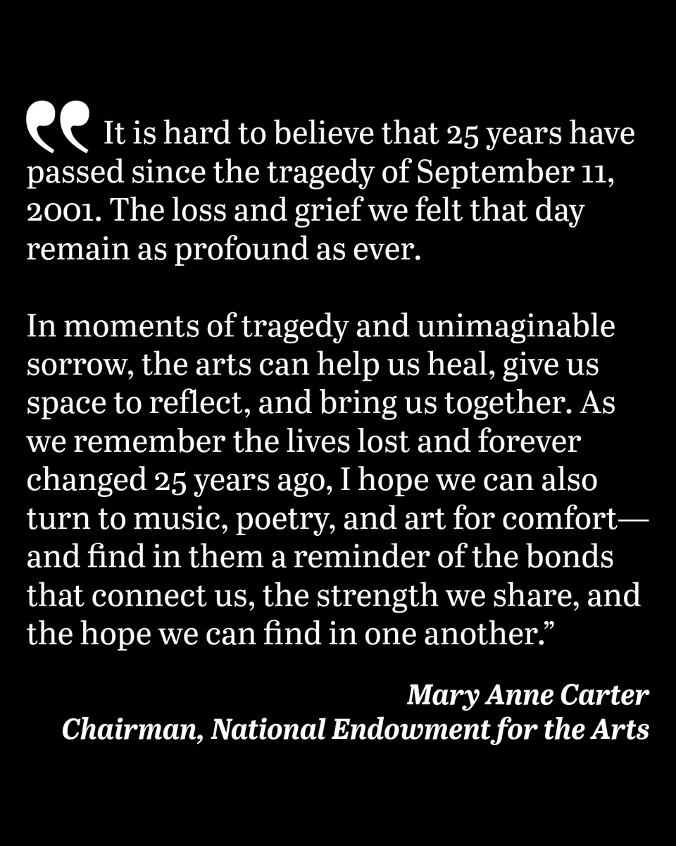 NEAarts's tweet photo. "It is hard to believe that 25 years have passed since the tragedy of September 11, 2001. The loss and grief we felt that day remain as profound as ever..."
—@NEAArtsChair 

Artwork by Marjorie Miller, from the Library of Congress' Exit Art Gallery Reactions Collection https://t.co/6BhrvO8KkD