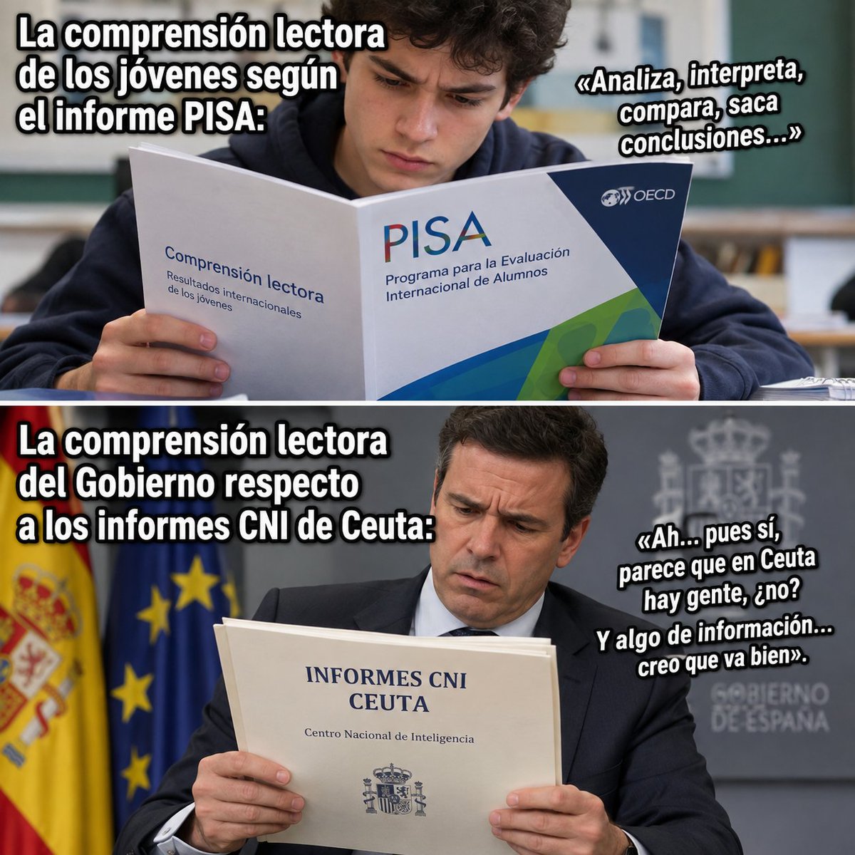 javiher1969's tweet photo. @sanchezcastejon Después de oírte a tí y a todos tus secuaces (@interiorgob @justiciagob)
 una y otra vez negar lo que dicen o plasman los informes del #CNIEspañol @guardiacivil @policia ... me queda más claro la conclusión del INFORME PISA 2025 sobre las "DEBACLE MUNDIAL EN COMPRENSIÓN LECTORA" https://t.co/gmNRjeim0b