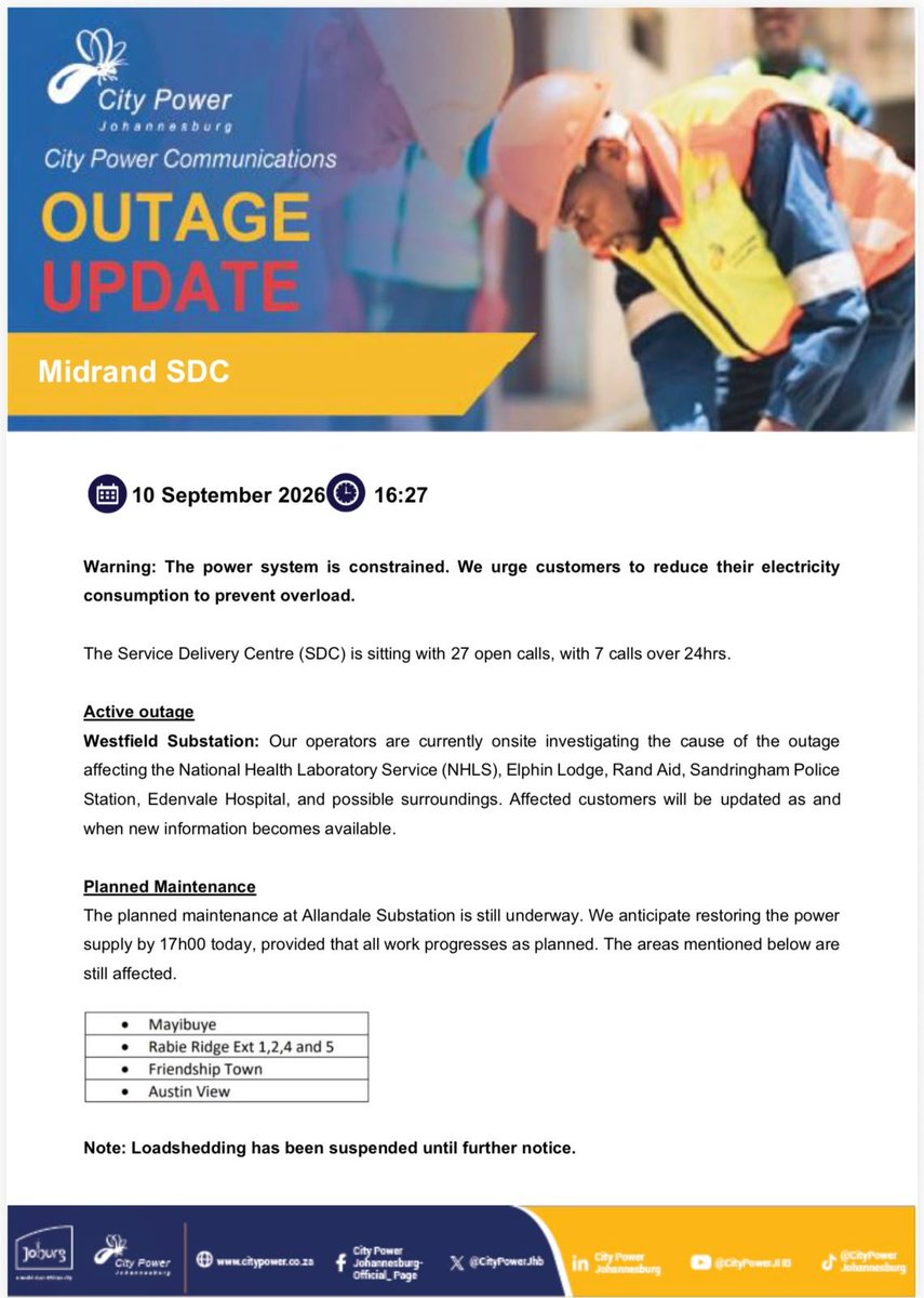 CityPowerJhb's tweet photo. #MidrandUpdates #CityPowerUpdates
The Midrand Service Delivery Centre is sitting with 27 open calls. ^TM https://t.co/2zkOTzw6fJ