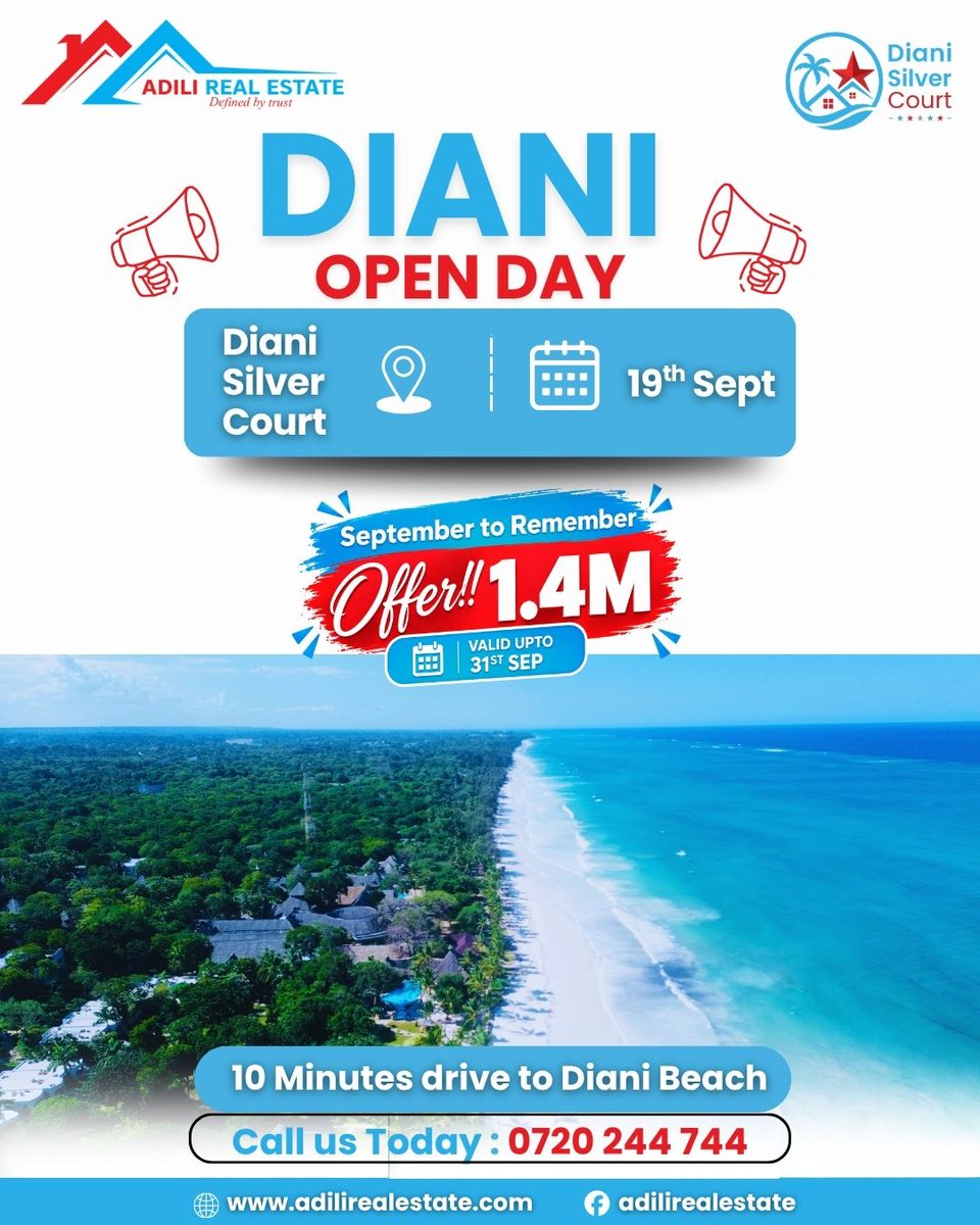AdiliRealEstate's tweet photo. 📍 𝐃𝐢𝐚𝐧𝐢 𝐒𝐢𝐥𝐯𝐞𝐫 𝐂𝐨𝐮𝐫𝐭 𝐎𝐩𝐞𝐧 𝐃𝐚𝐲 | 𝐒𝐚𝐭, 𝟏𝟗𝐭𝐡 𝐒𝐞𝐩𝐭𝐞𝐦𝐛𝐞𝐫
Join us for an Open Day &amp; experience your future property firsthand and get a feel for what coastal living could become.
🔥Offer Price: 1.4M
💰 Deposit: KSh 300K
📆 Pay up to 9 months

(1) https://t.co/DynFouRdKY