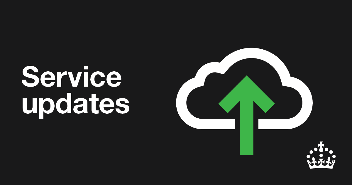 A graphic with the text 'Service updates' next to a cloud icon with an upward-pointing green arrow and a crown emblem.