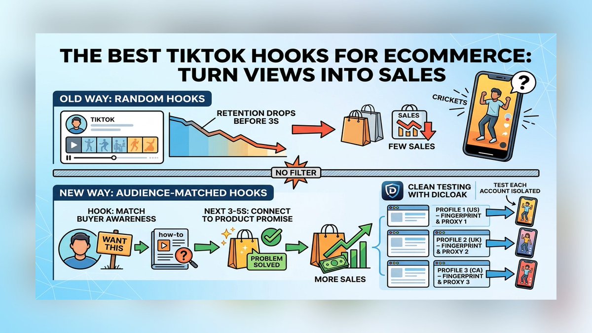 _roshan_pr_'s tweet photo. The best TikTok hooks for ecommerce do one job fast: match buyer awareness, not just video style. DICloak helps keep testing clean by isolating each account in its own browser profile with separate fingerprint and proxy settings. #TikTok #ecommerce https://t.co/2SKq830nu8
