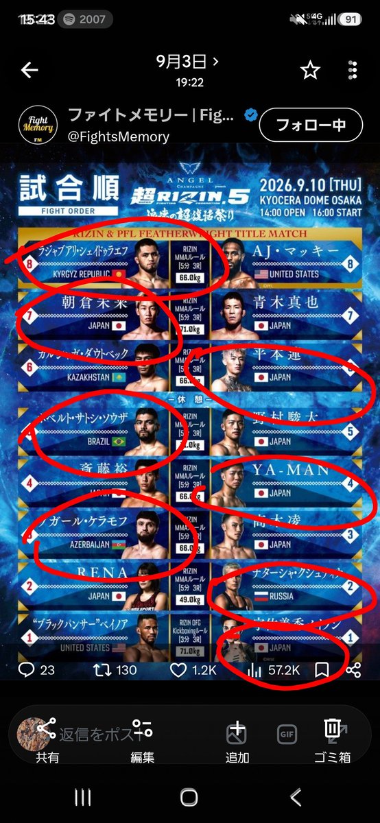 dag95373187's tweet photo. 今回の予想は7勝1敗。
正直平本蓮は負けかと思ったけど(笑)予想に反してシェイちゃん、朝倉未来も負けかと思ってたので、嬉しかったな〜。結果的に後半の勝った三人でよりRIZINが盛り上がるかなと。
初のRIZIN観戦楽しかったです！ https://t.co/Cds9CWkn13