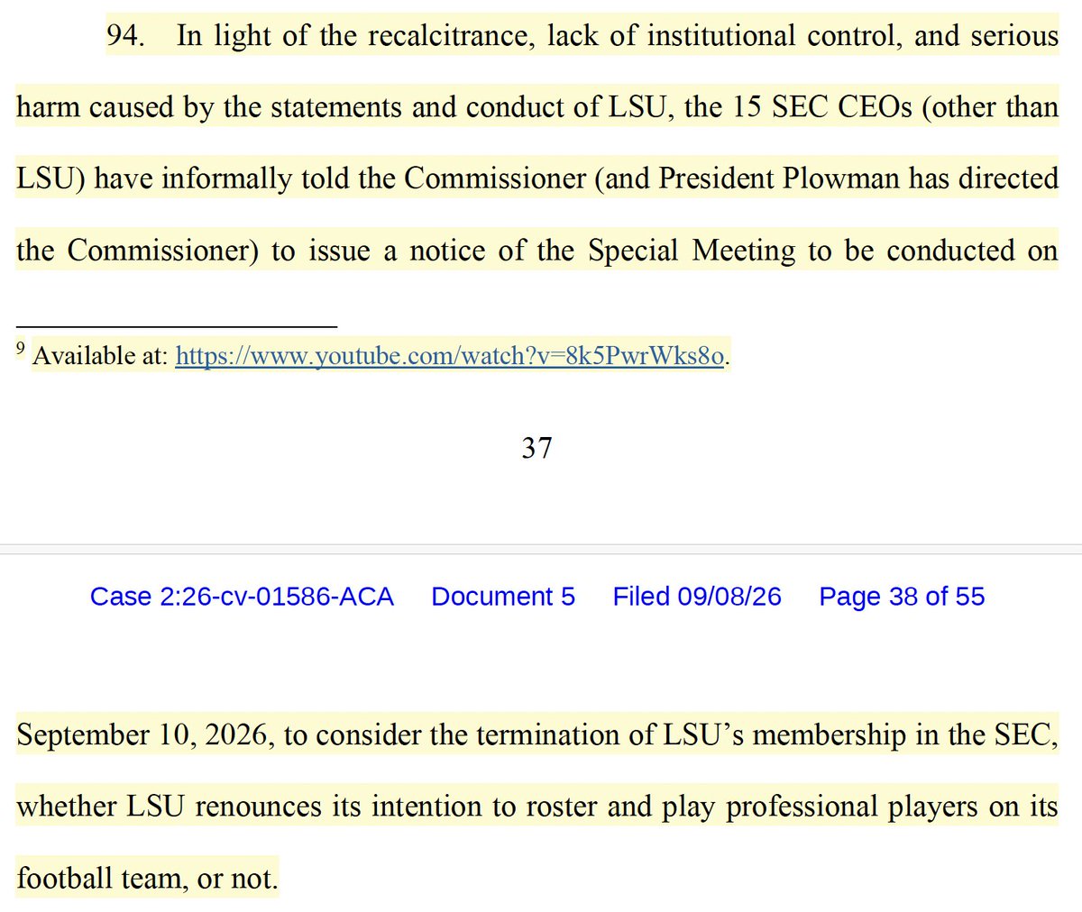 mckenzielaw's tweet photo. I can't believe I am saying this, but I have to defend LSU and Lane Kiffin here. I don't enjoy it.

Strip away the pearl-clutching and read the SEC's own complaint and Sankey's declaration. The conference seems intent on doing something regardless. Complaint ¶ 94 and Sankey ¶ 44: the CEOs will proceed "whether LSU renounces its intention to roster and play professional players on its football team, or not." Paragraph 81 goes further, saying the same thing whether or not LSU ever rosters anyone at all. That language was drafted to survive precisely what happened Tuesday night when LSU filled its roster to 105 and left no room for the pros. I get that it may succeed procedurally. It fails catastrophically as persuasion because it concedes that the expulsion has nothing to do with the conduct the lawsuit is about.

So look at what is actually left. Kiffin's press conferences, his obnoxious halftime remark, his GameDay appearance, and LSU's supposed alignment with the Baton Rouge plaintiffs who hold that wacky, overbroad injunction. Compl. ¶¶ 77, 89-92. That is the gravamen. If the SEC disciplines LSU on that record, and asks a federal court to bless it, what it is really punishing is a public employee's speech about a matter of public concern.

That is a First Amendment case. It just isn't the SEC's. It's Kiffin's. Fifteen of the sixteen members are public universities, and the conference is governed by their presidents, who are themselves state actors. Brentwood Academy v. TSSAA, 531 US 288 (2001), held that a private athletic association can be a state actor through pervasive entwinement with the public institutions that constitute it. Whether the SEC clears that bar is a serious question, and I wouldn't call it a foregone conclusion. But the irony writes itself. The SEC's entire theory depends on LSU officials being state actors, and the SEC pleads at ¶ 96, citing West v. Atkins, that Kiffin is one. Ironically, if not shockingly, that supplies the predicate for Kiffin's claim against it.

Kiffin is a public employee criticizing his governing body's policy, which puts him on the side of Pickering v. Board of Education, 391 US 563 (1968) (teacher fired for a letter to the paper criticizing how his school board spent money, where the Court held a public employee does not surrender the right to speak as a citizen on matters of public concern, and courts must weigh that interest against the employer's interest in running its operation). If Kiffin pleads retaliation as a counterclaim, it will be a much, much better First Amendment claim than the one the SEC is asserting in its complaint.

To be clear, I think LSU and Kiffin instigated this mess, and I think conferences can write product-defining eligibility rules. Alston did not bless such rules, but it did not condemn them either. Justice Gorsuch's opinion for the Court was careful to decide only what was in front of it — education-related benefits — and it left undisturbed the finding that some restraints preserving the line between college and professional sports can be procompetitive. The SEC has a real defense there, subject to the rule of reason like anyone else. I am on Team SEC.

But the conference is missing a lot. It meets today to consider punishing LSU and Kiffin. It can punish a violation of its rules. What it cannot do is punish speech alone. After Tuesday night, speech is all that is left. LSU filled its roster to 105. No professional will play a down. The harm the SEC went to federal court to prevent never happened.

LSU and Kiffin just talked about it.