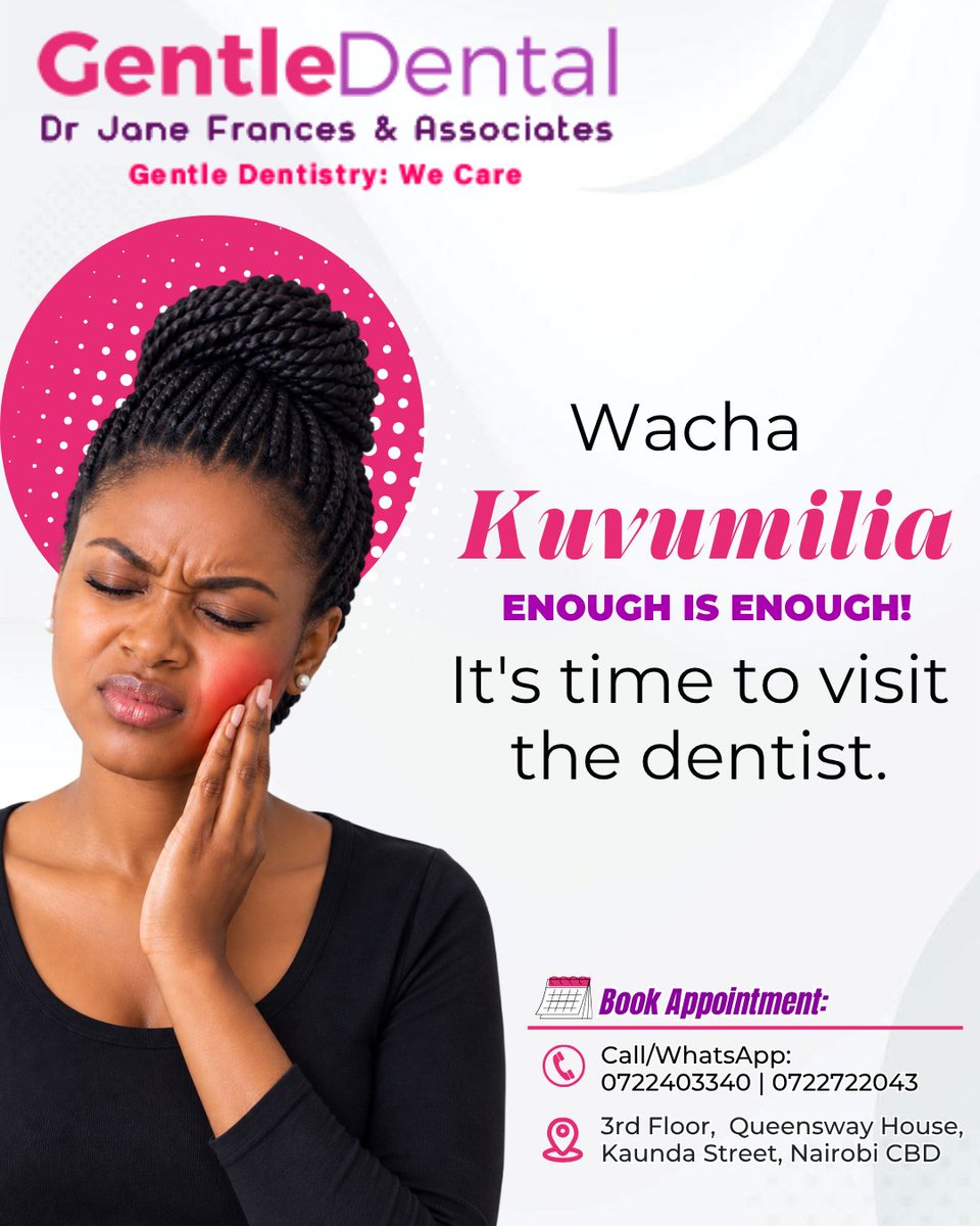 GDentalAfrica's tweet photo. Book an appointment and let our dental team help you find the cause

📞 Call/WhatsApp: 0722403340 / 0722722043
📍 3rd Floor, Queensway House, Kaunda Street, Nairobi CBD

#GentleDentalNairobi #GentleDentistry #DrJaneNairobi BestDentistNairobi #NairobiDentist #GentleDentistNairobi https://t.co/dS2QKW6nlq