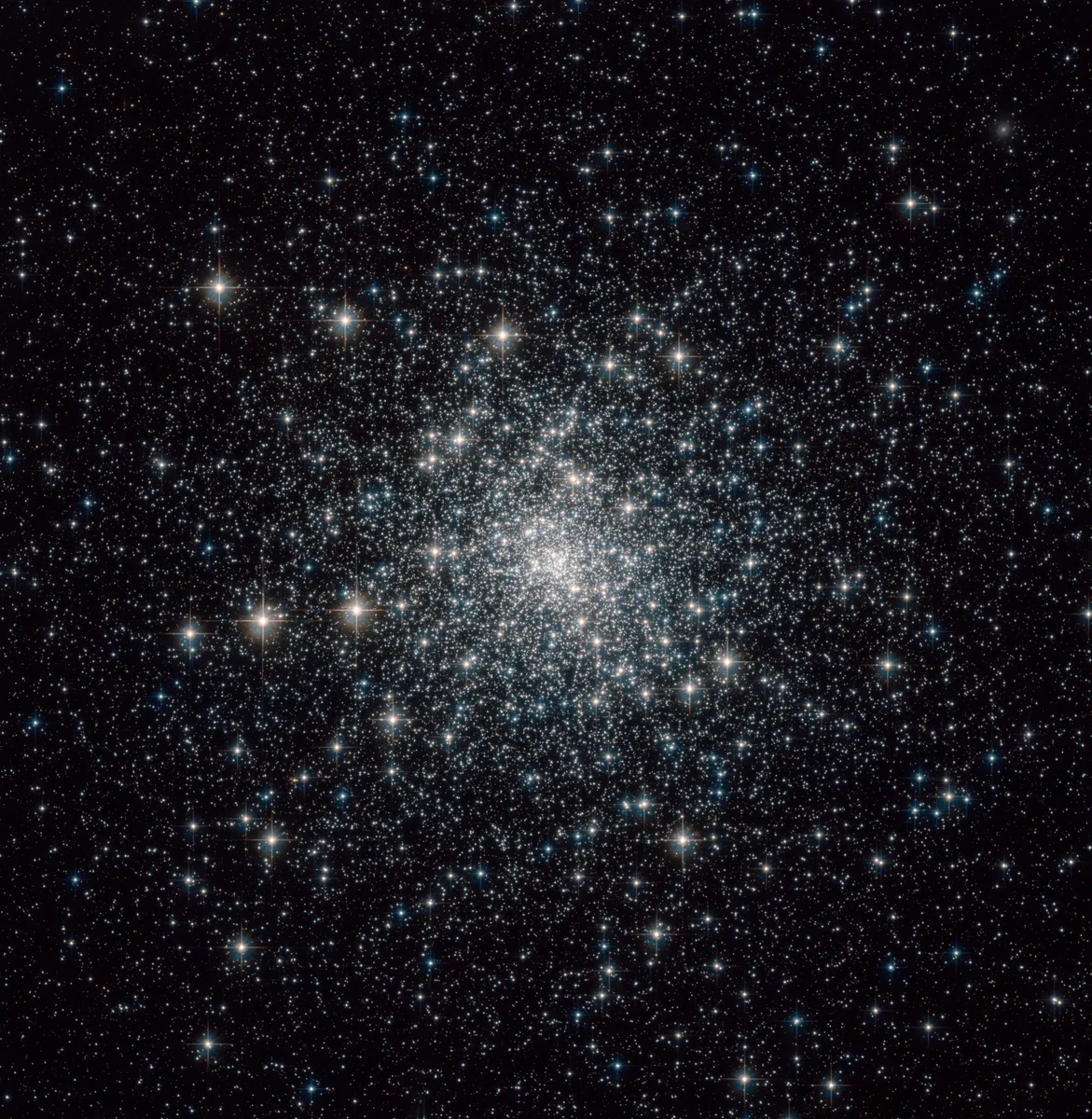 A sparkling collection of white stars shines against black space, more closely concentrated at center.