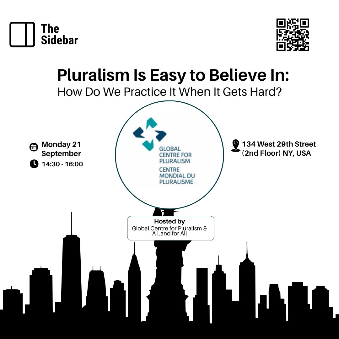 GlobalPluralism's tweet photo. If you’re in New York, join @GlobalPluralism and Global Pluralism Award laureates, A Land for All (ALFA) for an interactive discussion on pluralism and its power to bridge divides in a time of growing polarization.

In this participatory conversation, we will explore how to navigate the challenges that arise when pluralism becomes difficult in practice.

This session is for anyone working in human rights, peacebuilding, or the broader fields of diversity, inclusion, and belonging.

📅 Monday, September 21, 2026
🕝 2:30 to 4:00 PM EDT
📍 134 West 29th Street (2nd Floor), New York

Presenters:
• Juliette Schmidt, Global Centre for Pluralism
• A Land for All (ALFA)

Register here: https://t.co/k18r8lh3ek

This event is hosted by the @GlobalPluralism and The Sidebar.