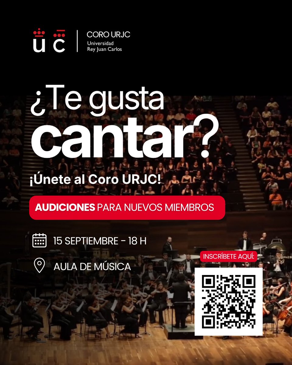 urjc's tweet photo. 🎶 ¿Te gusta cantar? ¡El @coro_urjc busca nuevas voces para el nuevo curso!

📅 Martes 15 de sep | 🕕 18:00 h
📍 Campus de Móstoles (Lab III, Aula S010)

🆓 Gratuito + Créditos ECTS

💬 DUDAS: cultura.aulademusica@urjc.es

Organiza @cultura_urjc ❤️

#URJC #CoroURJC #CulturaURJC https://t.co/dNEz37rIze