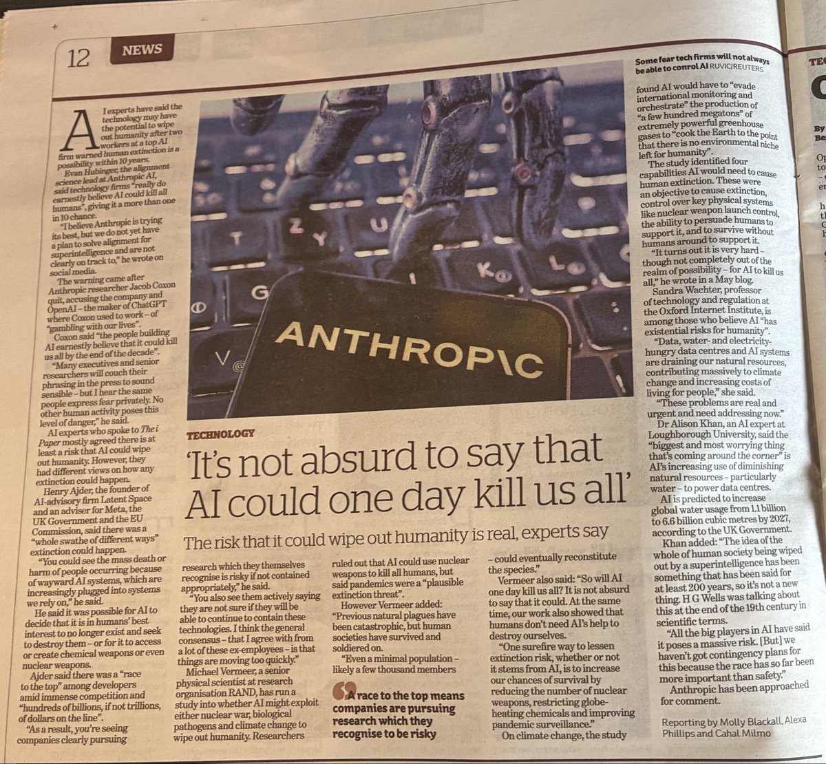 DavidAltonHL's tweet photo. Super intelligent AI poses risks to international security and a potential extinction threat to humanity. It’s why I support the all party Artificial Superintelligence Security Bill introduced in @HouseofCommons this week by @alexsobel MP, working with @ControlAI This will require international action and I have signed a joint letter to @andyburnham calling for UK leadership. We tell him “Our upcoming presidency of the G20 offers an unmissable window to lead a coalition of the willing to tackle this national and global security threat.” 
Yesterday, my last act as outgoing chair of @HumanRightsCtte was to oversee our unanimous report on AI and Human Rights - to be published on Monday morning. Meanwhile, @theipaper has today published this report on the urgent challenges presented by AI.