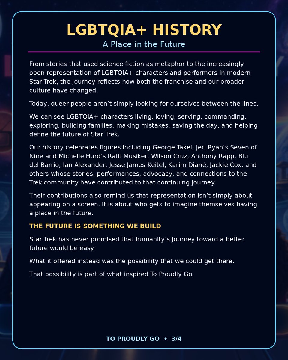 toproudlygo's tweet photo. Incoming transmission from @toproudlygo’s CEO @MichaelAgnew

See the message online here/
https://t.co/5wbcCMIgJ6

Learn more about Star Trek’s LGBTQ History: 
https://t.co/2PSjxTPCz7

#StarTrek60 #StarTrekLGBTQiAplus #LiveProudandProsper #ToProudlyGo https://t.co/OBFy3LQM35