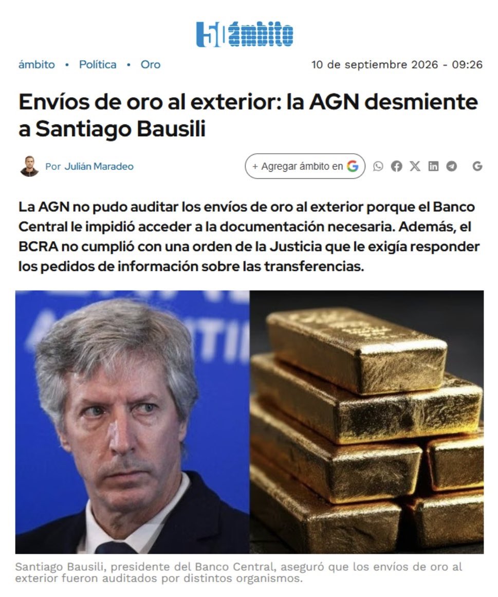 MartinSoria_'s tweet photo. BAUSILI LE MINTIÓ A LOS ARGENTINOS

Ayer dijo que el oro que sacaron del país estaba auditado por la AGN. Hoy la AGN lo contradice.

Mientras Milei y Caputo buscan atornillar a Bausili en el BCRA, nosotros exigimos explicaciones.

El oro es de los argentinos. https://t.co/QO2faskt0C