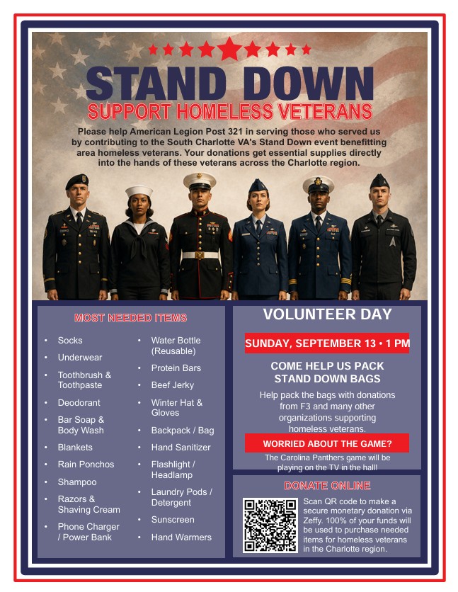 F3Isotope's tweet photo. RT @lawndart_F3: After weeks of planning and collecting donations from F3 &amp; others, it��s time to GET TO WORK! 💪 We need a few more HIMs to sort &amp; pack bags for our Stand Down event. Sunday, 1 PM @ Huntersville American Legion. Panthers on TV! Come serve… https://t.co/1sjXWjfbji