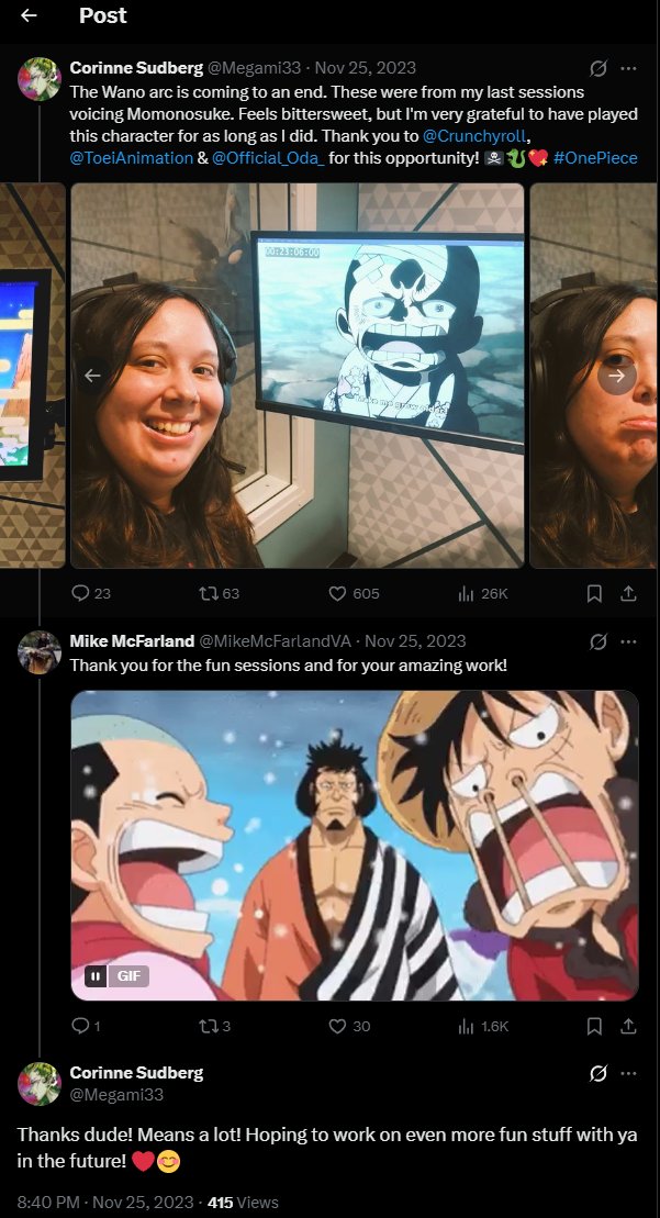 Megami33's tweet photo. Met Mike back in 2014, excited for AOT &amp; asking for acting advice. From 2019 to 2023, I got to be a part of One Piece as Momo &amp; one of my directors was this amazing man. He was always gentle with his advice &amp; loved making me laugh. Great direction &amp; encouraging all the time. https://t.co/3X1mFkEZEx