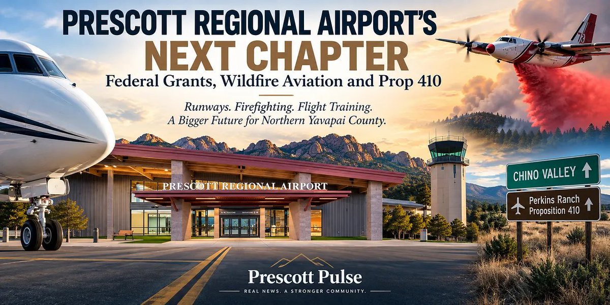 prescottpulse's tweet photo. Prescott Regional Airport’s Next Chapter | Federal Grants, Wildfire Aviation and Prop 410
A year after Prescott Pulse examined what federal aviation spending could mean for Ernest A. Love Field, projects once discussed as future improvements are moving toward design and construction, while a proposed Embry-Riddle training airfield in Chino Valley could reshape aviation across the region.When Prescott Pulse examined the impact of the One Big Beautiful Bill Act on Prescott Regional Airport in August 2025, we made an important distinction: Congress approved billions for aviation and air-traffic-control modernization, but it did not hand Prescott a dedicated pot of OBBBA money.A year later, Prescott and the FAA reshape Prescott Regional Airport (PRC) through major runway, taxiway, hangar, land and control-tower projects. At the same time, wildland firefighting plays a larger role in the city’s long-term plans for the airport.And roughly 15 miles north, Chino Valley voters will decide the fate of a proposed private airfield intended to serve Embry-Riddle Aeronautical University’s flight-training operation.
Runways, Ramps and Hangars: Federal Money Starts Reshaping PRCOur previous reporting identified an estimated $146 million in long-term airport projects, including runway improvements, a new control tower and an Aircraft Rescue and Fire Fighting facility. The city’s federal contracting documents lay out a substantial 2025-2027 capital program, including environmental work for the Runway 3R/21L extension, Runway 12/30 electrical improvements and a future ARFF/Snow Removal Equipment/Operations and Maintenance building.On August 11, the Prescott City Council approved the acceptance of seven FAA grants and seven related Arizona Department of Transportation grant applications for PRC. The projects include Hangar Development Phase 2, a wash rack, Southwest Ramp reconstruction, a vehicle service road, an environmental assessment for the proposed Runway 3R/21L extension, Taxiway F realignment and vehicle transmitters. Together, the grants direct nearly $3 million in FAA funding to the airport, before applicable state matching funds.
The Runway Project AdvancesOne of PRC’s most consequential proposals would shift and extend Runway 3R/21L. Wildfire operations add urgency to that proposal. The city’s 2026 Strategic Plan calls for runway infrastructure improvements that would support unconstrained operations by wildland firefighting aircraft, commercial airlines and other airport users. Prescott’s 2026 legislative platform sought $4 million to design the runway shift and extension to allow PRC to accommodate fully loaded air tankers and other large https://t.co/zLIq6soZJu August, the city council authorized additional engineering work for an advanced runway-length analysis to complete environmental reviews, technical studies and benefit-cost calculations before construction can begin. Meanwhile, the city continues hangar development and advances the first phase of the Taxiway F realignment, turning portions of PRC’s capital plan into active projects.
Wildland Aviation Expands PRC’s MissionWildland aviation now shapes more of Prescott’s airport planning. The U.S. Forest Service’s Henry Y.H. Kim Aviation Facility, or Prescott Fire Center, operates on airport property and serves as an important Northern Arizona wildfire-response hub. The city provides airport access and infrastructure that support federal firefighting aircraft and personnel. That relationship drives additional capital https://t.co/fcK787LQav June, the city announced plans to pursue additional airport-adjacent property, partly to support infrastructure for seasonal U.S. Forest Service aerial firefighting aircraft. The State of Arizona also allocated FY2026 money for firefighting-related infrastructure at PRC. As we previously reported while discussing property rights and eminent domain around the airport, the city council authorized eminent domain if necessary for a 4.18-acre parcel intended for a public aircraft ramp adjacent to the fire https://t.co/D3FdHwZ8EK City Council’s September 8th voting session, they approved two agenda items related to the airport. The approvals amount to this: the city is officially folding some land it already owns next to Prescott Regional Airport into the airport’s official property map, and it is buying two more small vacant parcels next door, about 4.18 acres from Crosswind Leasing LLC and about 1.61 acres from Air & Land Company LLC. It’s roughly 5.8 acres in all and putting those purchases on the same airport https://t.co/ZYK8w1vGqg plain terms, that designation as “Airport Lands” is not just a label; it treats the ground as part of the airport for planning, operations, and federal/state grant purposes. Staff have described this kind of adjacent land as needed to support airport operations and public-safety uses, including space for seasonal U.S. Forest Service aerial firefighting aircraft that stage out of PRC. These particular votes are purchase agreements with two private owners (plus the paper trail to add both the old city parcels and the newly bought ones to airport property), closing the eminent-domain fight with an agreement.That broader mission changes how the community should measure PRC’s value. Passenger counts tell only part of the story. PRC serves commercial aviation, general aviation, one of the nation’s largest collegiate flight-training operations and a growing regional wildfire-response mission.
A New FAA Control Tower Brings New TechnologyThe FAA plans to replace PRC’s existing air traffic control tower with a modern facility while controllers continue to manage one of the nation’s busiest flight-training environments. Federal permitting records show the FAA conducting the project’s environmental review.The new tower coincides with the federal government’s broader overhaul of the nation’s air traffic control system. Transportation Secretary Sean Duffy’s Brand New Air Traffic Control System calls for hundreds of new radars, high-speed network connections, digital voice switches, electronic information displays and expanded surface surveillance. In January, DOT announced new radar contracts funded through the One Big Beautiful Bill.Prescott also appears on an FAA deployment schedule for the Surface Awareness Initiative, technology that gives controllers real-time displays of aircraft and vehicles on airport surfaces. The technology could prove particularly useful at PRC, where the FAA identifies flight-training traffic, multiple runways and complex taxiway geometry as factors that increase the risk of wrong-surface operations. The FAA has also begun introducing more advanced automation nationally. In June, DOT selected Air Space Intelligence to provide new traffic-management software that analyzes air traffic and aircraft trajectories to improve traffic flow.The unanswered question is how much of this technology the FAA will install at Prescott. Federal records do not yet establish that PRC’s new tower will receive new radar, AI-assisted systems or the entire national modernization package. But the tower replacement puts Prescott in position to benefit as the FAA replaces the technology that controllers use to manage the nation’s airspace.
Then There Is Chino ValleyIn March, Prescott Pulse took readers inside the Perkins Ranch Airfield proposal and its long history with Embry-Riddle. The approximately 390-acre project would create a private training airfield east of Chino Valley intended to give Embry-Riddle students another location for repetitive flight training, shifting some training operations away from PRC and reducing congestion.After the Town Council approved the rezoning, Chino Valley citizens organized a referendum effort and gathered enough petition signatures to send the decision to voters. Prop 410 will put that question before Chino Valley voters on November 3.
One Regional Aviation StoryTaken together, these developments tell a larger story than any single airport project.Prescott reshapes PRC through new infrastructure and land acquisitions. The FAA replaces the control tower. Federal and state grants fund airport projects. Embry-Riddle expands its Prescott facilities. Wildland firefighting creates new demand for runways, ramps and land. And Chino Valley voters will decide whether Perkins Ranch adds another aviation facility north of Prescott.Together, those projects link Prescott, Chino Valley, Embry-Riddle, the FAA, state government and federal firefighting operations. Northern Yavapai County now supports an interconnected aviation economy that spans higher education, commercial service, general aviation, wildfire response and private aviation development.A regional aviation hub could extend those benefits throughout the Quad Cities. It could attract aerospace and aviation businesses, create skilled jobs, strengthen commercial air service, support Embry-Riddle’s talent pipeline and give companies greater reason to invest locally. Prescott, Prescott Valley, Chino Valley and Dewey-Humboldt could capture the economic benefits through new employers, supporting businesses, tourism and a larger skilled workforce, while the region gains greater capacity for wildfire response and other aviation services.