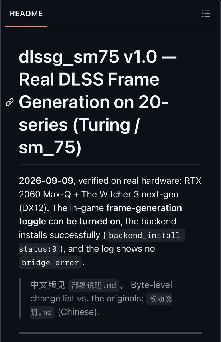 Pirat_Nation's tweet photo. The GeForce RTX 20 series can now get DLSS Frame Generation thanks to a new community mod, so you can use your old GPU instead of paying thousands of dollars to NVIDIA.

Modder Coldwood1026 has managed to run NVIDIA’s native DLSS Frame Generation on an RTX 2060 Max-Q after previously getting it working on RTX 30-series GPUs.

NVIDIA originally locked DLSS Frame Generation to the RTX 40 series, making RTX 20 and 30 cards obsolete.

This mod shows that hardware limitations on old cards can be bypassed through software, NVIDIA clearly wanted everyone to buy new cards by doing this.