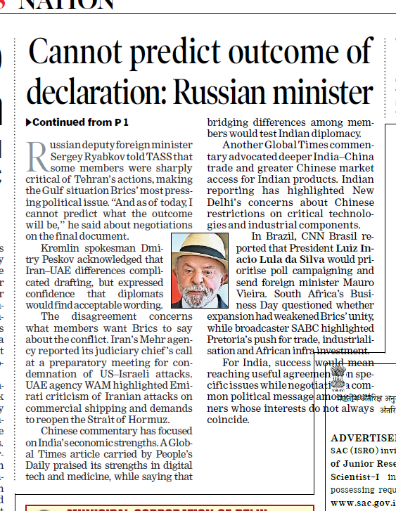 manashTOI's tweet photo. India’s push for agreement at the #BRICS summit beginning September 12 faces divisions among its members over the #WestAsia conflict. Russian officials, speaking to their country’s media, have acknowledged difficult negotiations, while Brazilian reporting has raised doubts about a strong final declaration. Yet Chinese commentary has highlighted opportunities for India’s presidency, including closer trade ties. These contrasting accounts suggest that the challenge for New Delhi is to keep economic cooperation moving while finding language that countries with conflicting security interests can accept. @timesofindia 👇
https://t.co/EFa2RF00fQ