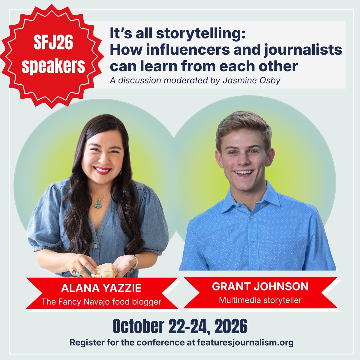 WeAreSFJ's tweet photo. Need another reason to come to our October conference? How about a session on social media storytelling! 

Alana Yazzie's The Fancy Navajo Instagram has 32.5K followers; Grant Johnson is a Gen Z journalist who's consulted with newsrooms.
Register here!
https://t.co/MNacvkQwdx https://t.co/jYM7cG58ny