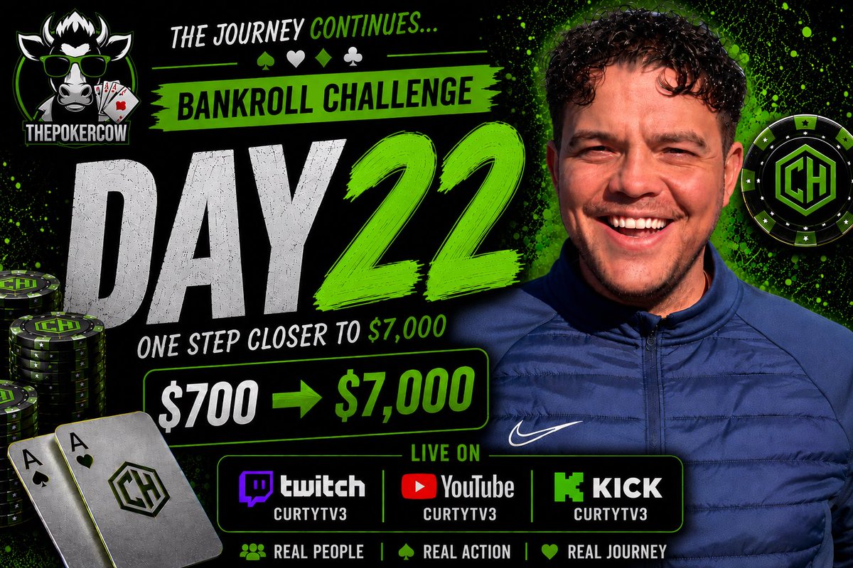 THEPOKERCOW's tweet photo. 🔴 DAY 22 IS LIVE ♠️

$700 → $7,000 Bankroll Challenge

Currently at $828.28.
Can we get closer to $1K tonight? 👀🐄

Come say hello 👇

https://t.co/msbeMuKuFE https://t.co/eH3V3vHoP4