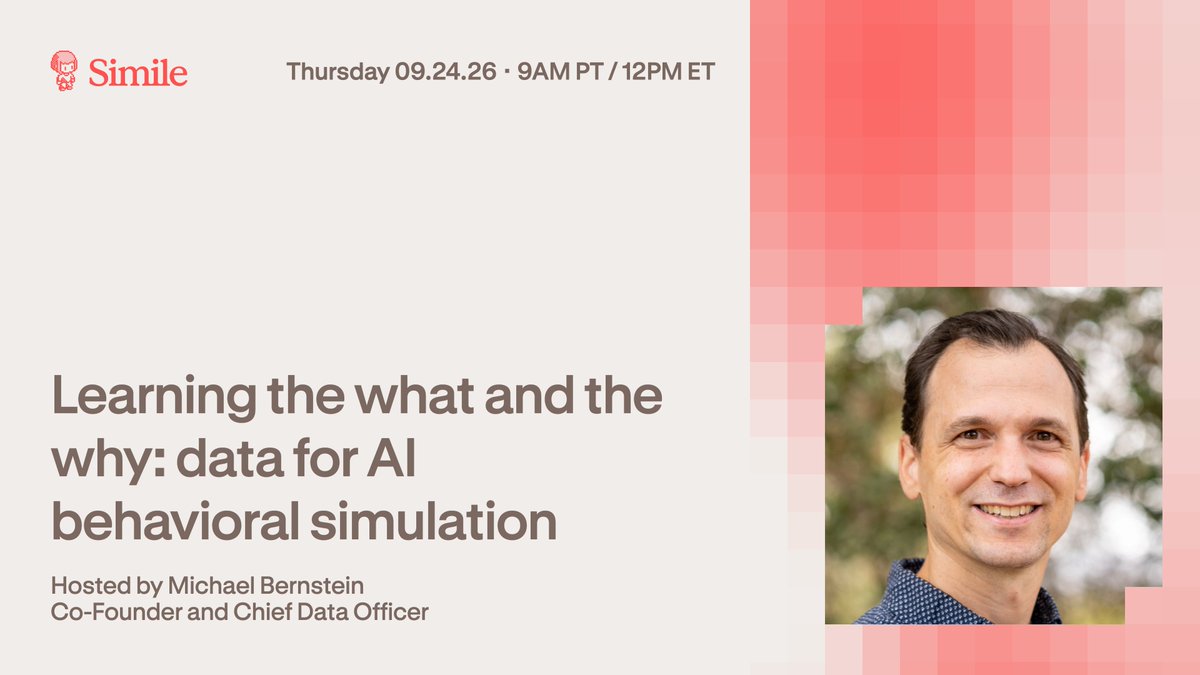 simile_ai's tweet photo. What does it take to build an AI model that can accurately simulate human behavior?

You need to understand both what people do and why they do it.

On Sept 24, @msbernst is taking us under the hood of behavioral simulation. We’ll explore why neither behavioral data nor surveys and interviews are enough on their own, what each reveals about human behavior, and how Simile brings them together to model what people might do next.

RSVP here https://t.co/jUDq6X7NGm