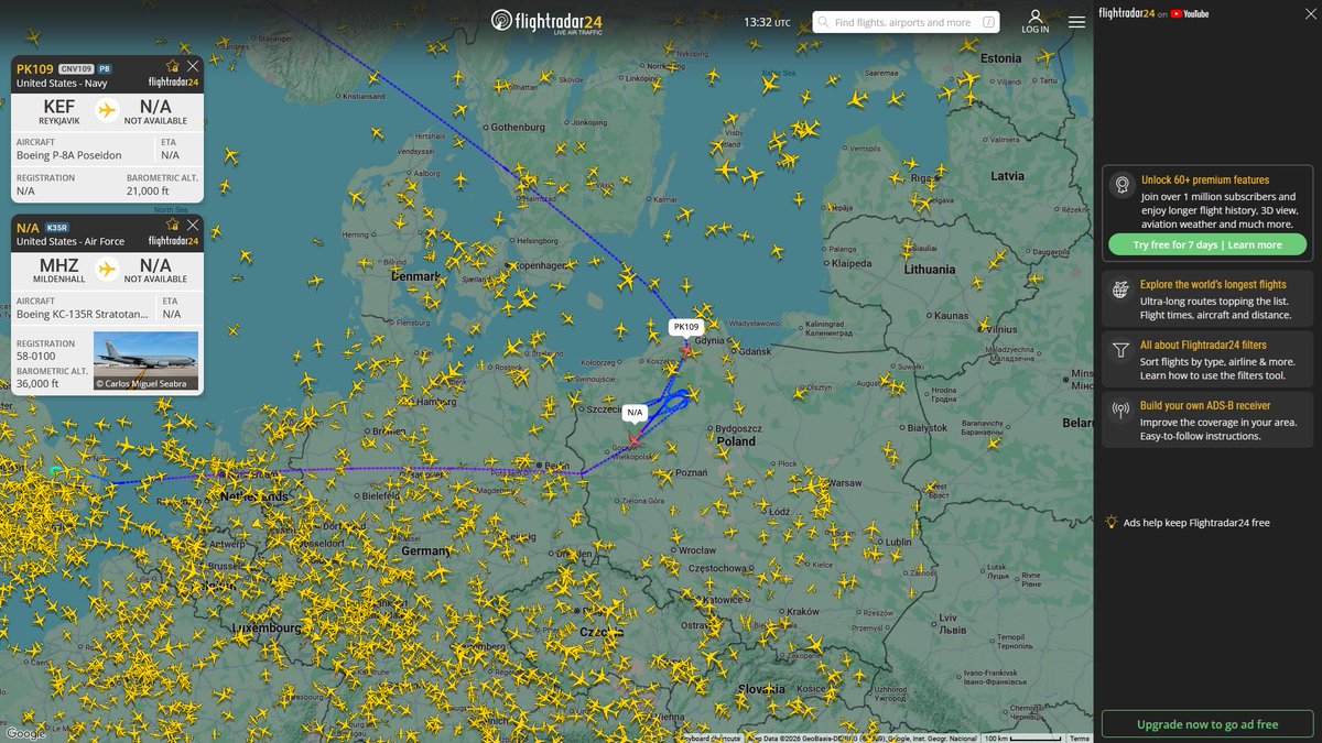 AIYeyENGDdJkjTr's tweet photo. Sept. 10, 2026
#Keflavík, Iceland ==> #Baltic Sea

#PK109 #AE688D USN P-8A Poseidon

Refueling 
#RAF Mildenhall ==> #Poland

#NoCALLSIGN #AE04FE USAF KC-135R Stratotanker https://t.co/fRgAQZiCIh