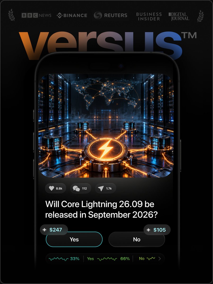 versusapp's tweet photo. Lightning developers are racing toward the next major Core Lightning release after a recent security warning put node operators on alert.

Will Core Lightning 26.09 be released in September?

Make your prediction on versus: https://t.co/VS5urHweQt

#PredictionMarkets #Bitcoin #LightningNetwork #CryptoTech
