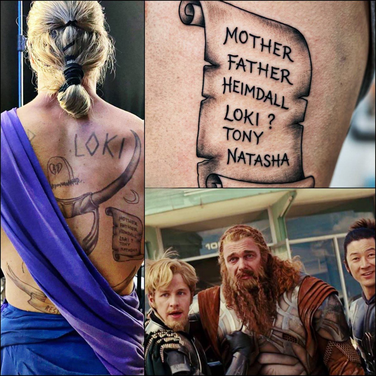 wtf_central1's tweet photo. I still wonder about Thor’s memorial tattoo on his back..😬
 there’s a question mark after Loki’s name… Does that mean Thor is still not sure whether Loki was actually dead? ☠️🙌 https://t.co/vXNbauM3n6