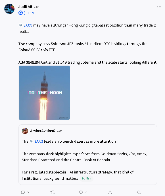DigLazurusDig's tweet photo. AXG - LOOK AT WHERE THE CONVERSATION IS SPREADING
AXG is getting more attention on Stocktwits, and posts around the story are now showing up in discussions alongside $COIN, $HOOD and $SOL
That matters because these are exactly the communities watching crypto, fintech, stablecoins and digital-asset infrastructure
And the price action is helping the story
AXG pushed close to +5% in premarket today and is still holding in the green
More eyes
More discussion
More momentum
With stablecoins, AI infrastructure, RWA and payments all under one roof, Iβm watching to see whether this attention keeps expanding