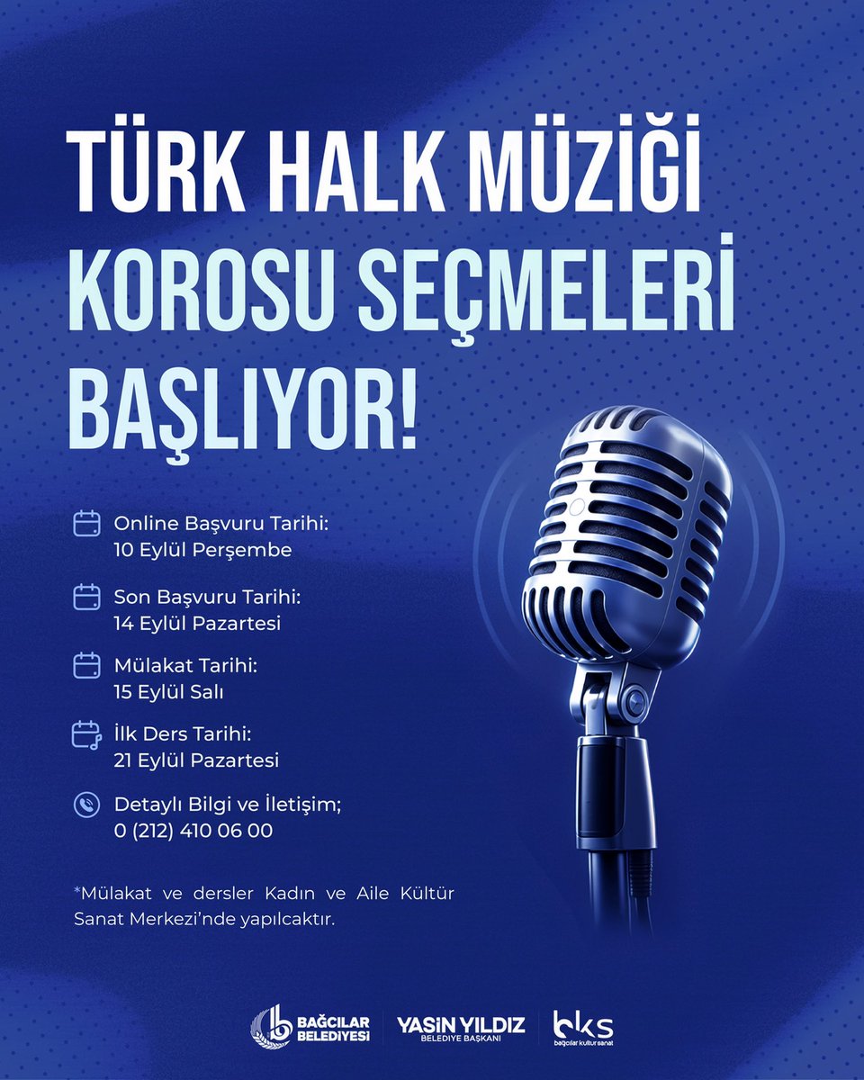 BagcilarBld's tweet photo. Türk Halk Müziği’ne gönül verenleri bekliyoruz!

Bağcılar Belediyesi Türk Halk Müziği Korosu seçmeleri başlıyor. 

Müziğe olan tutkunuzu sahneye taşımak ve koromuzun bir parçası olmak için başvurunuzu yapmayı unutmayın!

📅 Online Başvuru: 10 Eylül

⏰ Son Başvuru: 14 Eylül

🎙️ Mülakat: 15 Eylül

🎼 İlk Ders: 21 Eylül

Kayıt için: https://t.co/oqh17rsrmT

📞 Detaylı bilgi: (0212) 410 06 00