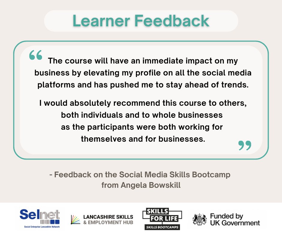 SelnetLtd's tweet photo. 🔋 "The course will have an immediate impact on my business by elevating my profile on all the social media platforms and has pushed me to stay ahead of trends. I would absolutely recommend this course to others"
- Entrepreneur Angela Bowskill 
#SkillsBootcamps #SkillsForLife https://t.co/sQENJTxNse