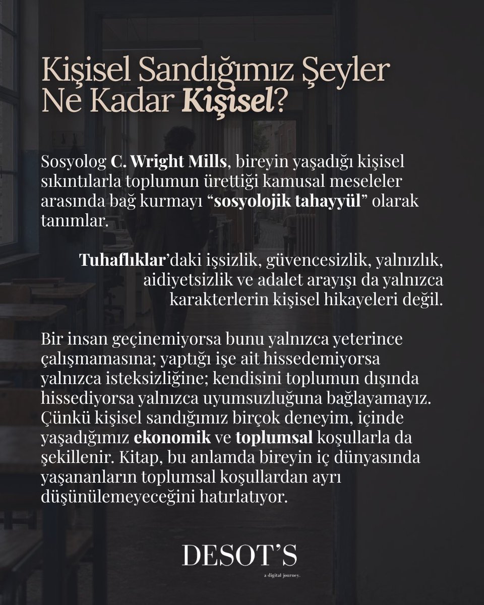 desotsmagazine's tweet photo. Tuhaf olan gerçekten insan mı, yoksa içinde yaşamaya çalıştığı hayat mı?

Faruk İncioğlu’nun Tuhaflıklar’ını; yalnızlık, güvencesizlik, aidiyet ve yabancılaşma üzerinden okuduk.

Çünkü bazen kendimizde bir eksiklik sandığımız şey, içinde yaşadığımız düzenin bir parçası olabilir.

(Devamı @desotsmag Instagram hesabında.)

#EditoryalİşBirliği #Tuhaflıklar