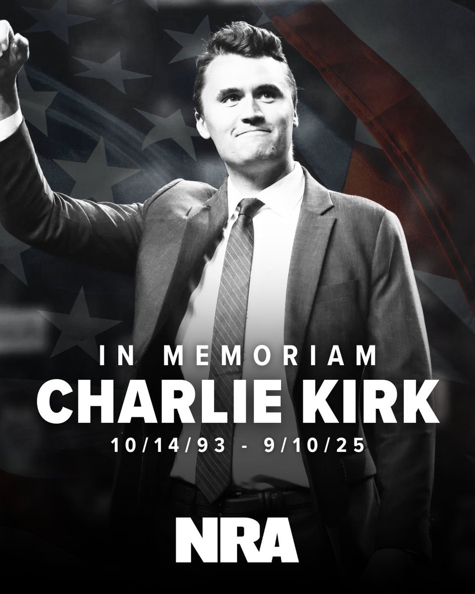 NRA's tweet photo. One year ago today, we lost Charlie Kirk — a relentless fighter for the Second Amendment and the right to self-defense.

Charlie was a lifelong NRA member and previously served as an NRA Committee Member.

Today, we honor his legacy. We miss you, Charlie. 🇺🇸♥️ https://t.co/qZJ5VWPTMZ