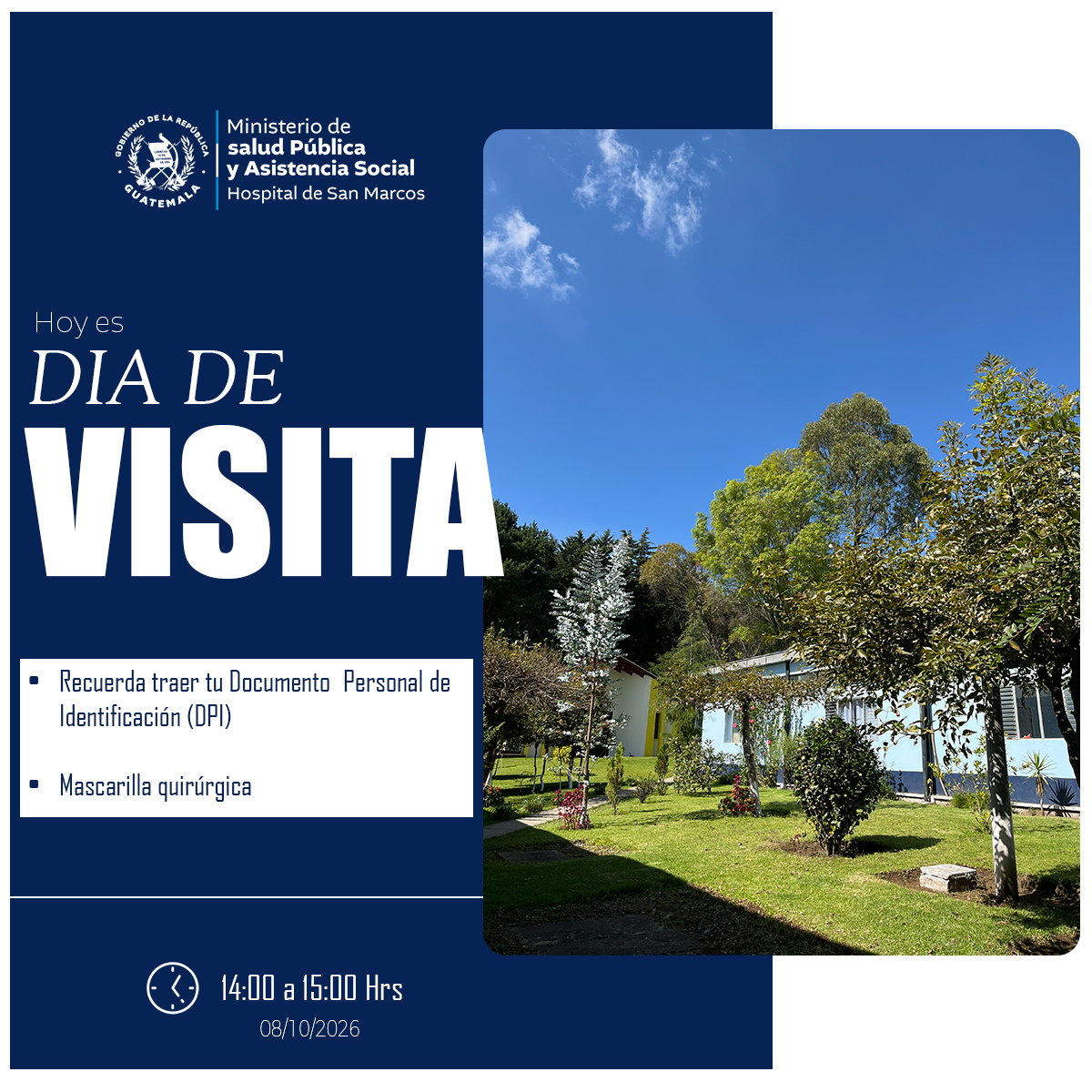HNSMSocial's tweet photo. Hoy es Día de Visita 🏥💛. Tu compañía es parte vital en la recuperación de nuestros pacientes: anima, fortalece y da esperanza. Te invitamos a compartir con cariño y mantener un ambiente sereno para todos. 🌿✨
#DíaDeVisita #TuVisitaSana https://t.co/hmvgAYJUNF