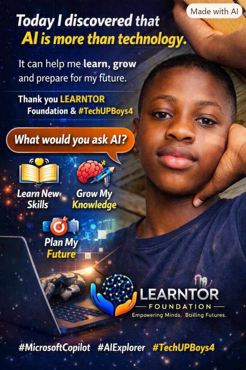 MustaphaItv9ut's tweet photo. Day one of showing my expertise in microsoft copilot
🚀 Today I discovered that AI is more than technology. It can help me learn, grow and prepare for my future. Thank you LEARNTOR Foundation &amp; #TechUPBoys4. What would you ask AI?

#MicrosoftCopilot #AIExplorer #TechUPBoys4 #lasg https://t.co/xoTwjTDssf