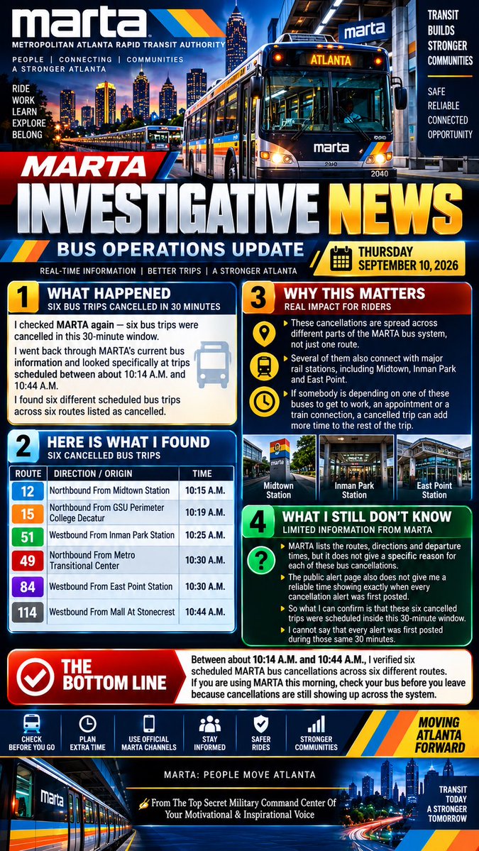 BrickCityGamer's tweet photo. Title

🚨 MARTA Investigative News: Six Bus Trips Cancelled Across Six Routes In 30 Minutes

#MARTA #MARTAUpdates #MARTAInvestigativeNews #AtlantaTransit #AtlantaTransportation #PublicTransportation #BusService #BusCancellations #TransitNews #TransitAlert #AtlantaNews https://t.co/IjuCRq4mFh