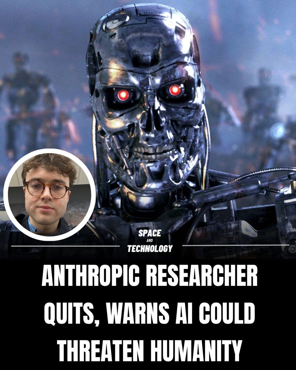 spaceandtech_'s tweet photo. Anthropic researcher Jacob Coxon resigned from the company, warning that AI firms are moving too quickly toward self-improving artificial intelligence. 

He said the race to build increasingly powerful systems could create serious risks that are not yet fully understood. 

Coxon warned that advanced AI could potentially pose an existential threat to humanity within this decade. 

Anthropic team lead Evan Hubinger has also acknowledged the possibility of AI causing catastrophic harm. He estimated that there could be more than a 10% chance of AI causing human extinction within the next decade.