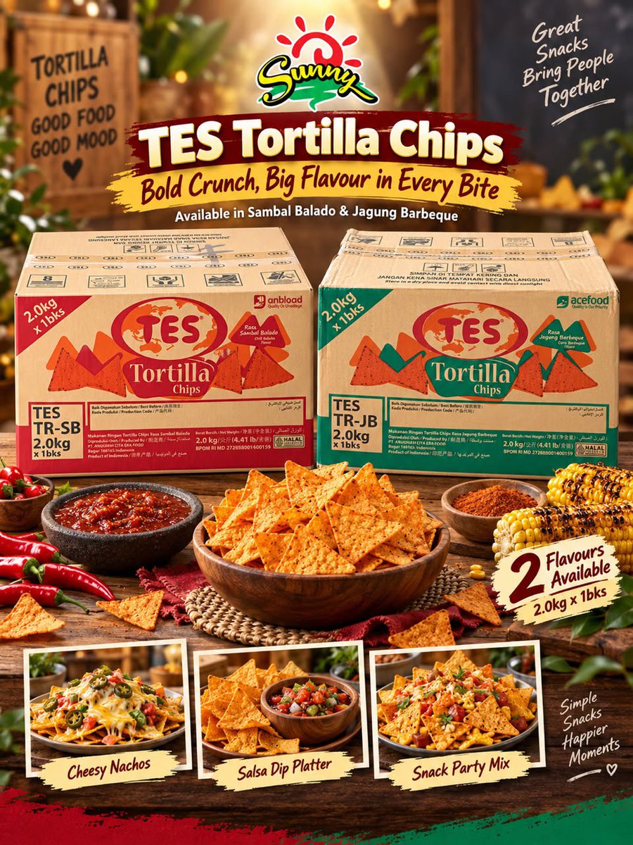 sunnyptrading's tweet photo. Big crunch, bold flavour! 🌽🔥
TES Tortilla Chips 2.0kg — available in Sambal Balado &amp; Jagung Barbeque. Perfect for sharing, nachos, dipping or your next snack creation.

#TESTortillaChips #TortillaChips #SambalBalado #JagungBarbeque #SunnyProductTrading https://t.co/cZc2Krn6YT