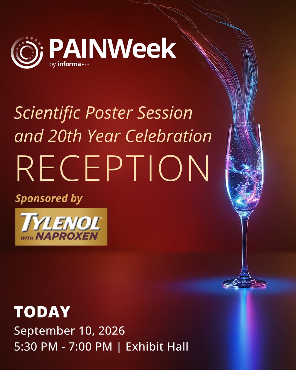 PAINWeek's tweet photo. Join us at the EOL Stage for our Scientific Poster Session &amp; 20th Year Celebration Reception (sponsored by TYLENOL® with Naproxen)! We'll announce the Passport to Prizes Grand Prize Winners! 🏆✨
Wear black, gold, or red and celebrate 20 years of #PAINWeek! 🖤✨❤️ https://t.co/BzqUT0xIqx