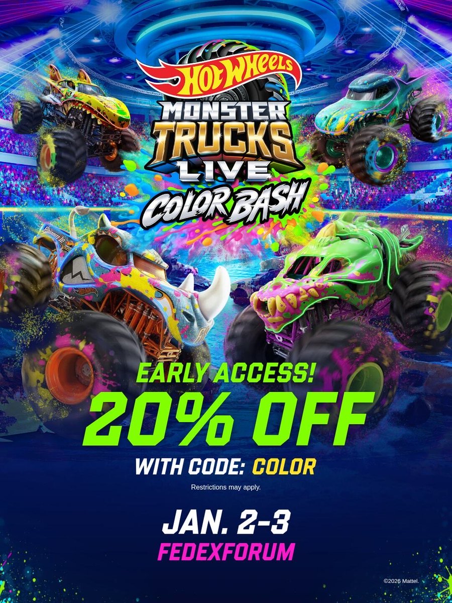 FedExForum's tweet photo. 🚨 JUST ANNOUNCED🚨

🔥Hot Wheels Monster Trucks Live Color Bash is coming to FedExForum on January 2nd & 3rd ‼️

Get 20% off select tickets with early access starting tomorrow at 10am. ⏰

🎟️ go on sale Sept 15 at 10am

Sign up for presale access & FEF alerts ➡️: https://t.co/IBslaP84GR