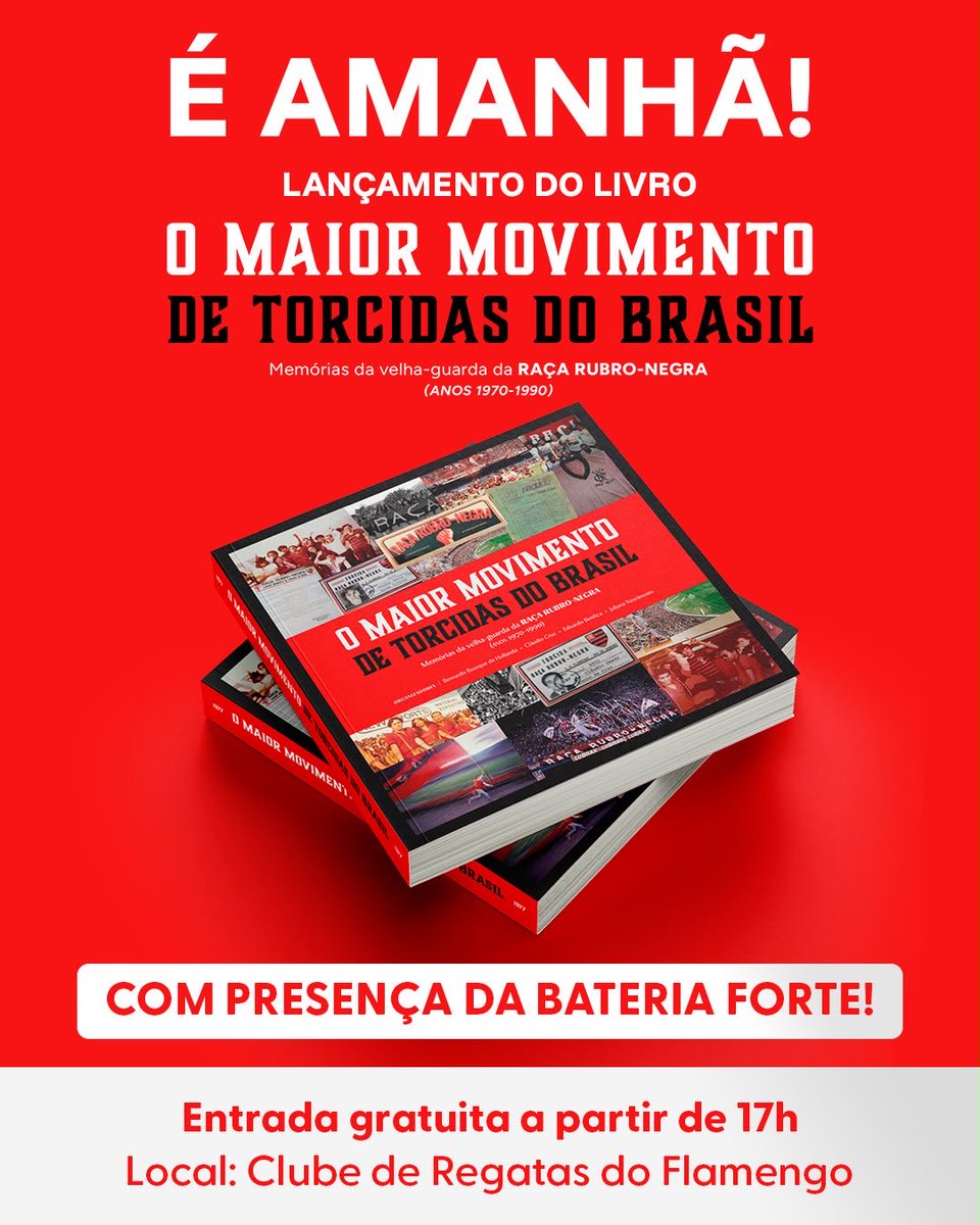 oficial_rrn's tweet photo. É AMANHÃ, CASACA VERMELHA!

A partir das 17h, no Clube de Regatas do Flamengo, será lançado o livro do MAIOR MOVIMENTO DE TORCIDAS DO BRASIL

Haverá venda do livro, autografado, e presença da BATERIA FORTE. 

Se você é rubro-negro e casaca vermelha, não pode ficar de fora dessa! https://t.co/Gt3XkC3kg5