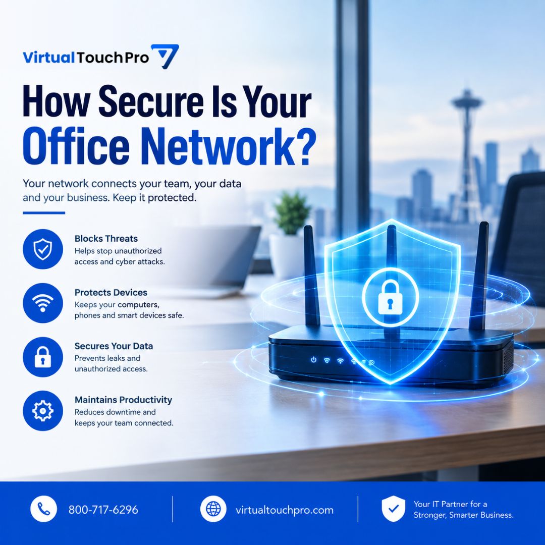 VirtualTouchPro's tweet photo. How Secure Is Your Office Network? 🔐

Your network connects your team, devices &amp; business data. Make sure it’s protected.

🛡️ Block unauthorized access
💻 Protect connected devices
🔒 Secure business data
📶 Keep your team connected

Need a network security check?
📞800-717-6296 https://t.co/kpXde0owdc