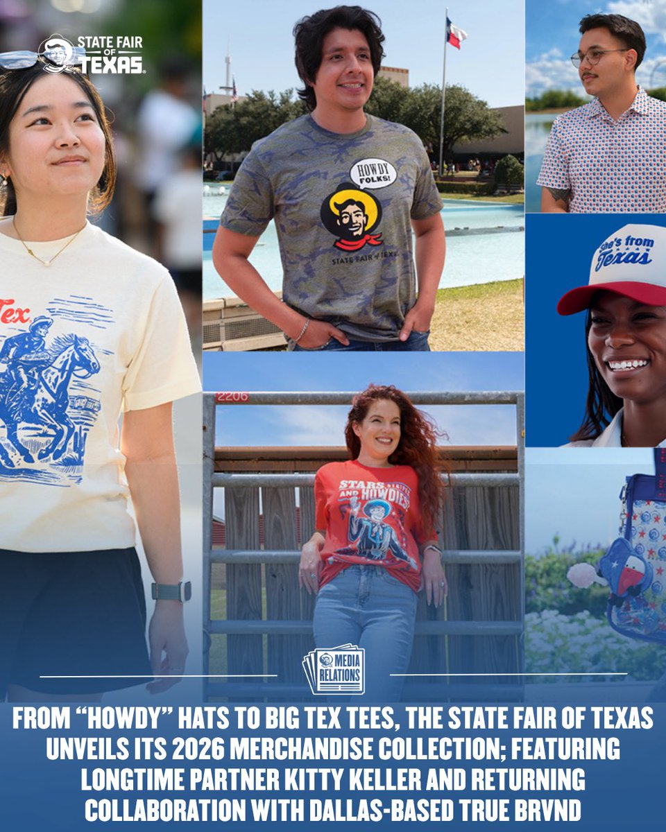 BigTexNews's tweet photo. THIS JUST IN: From “Howdy” Hats to Big Tex Tees, the State Fair of Texas Unveils Its 2026 Merchandise Collection; Featuring Longtime Partner Kitty Keller and Returning Collaboration with Dallas-Based True Brvnd

Read more: https://t.co/yF8FA9mIZt. https://t.co/T1p06B4w4y