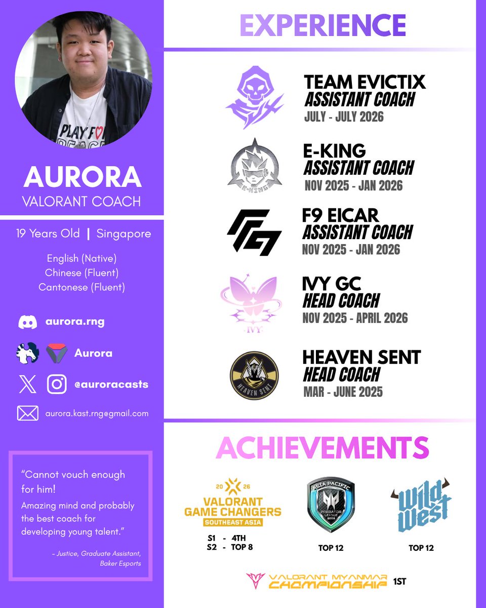 auroracasts's tweet photo. With the new schedule announced, I am officially LFT for 2026 / 2027 OQ. Interested in:

HC - Open / Non-Partnered
AC - VCT / Partnered

4 years of experience. 4 regions of high level experience. Driven and Ready To WIN!

DM aurora.rng on Discord!

Ref: @meco1e @SalvSensoSalv https://t.co/4vZxk97I3M