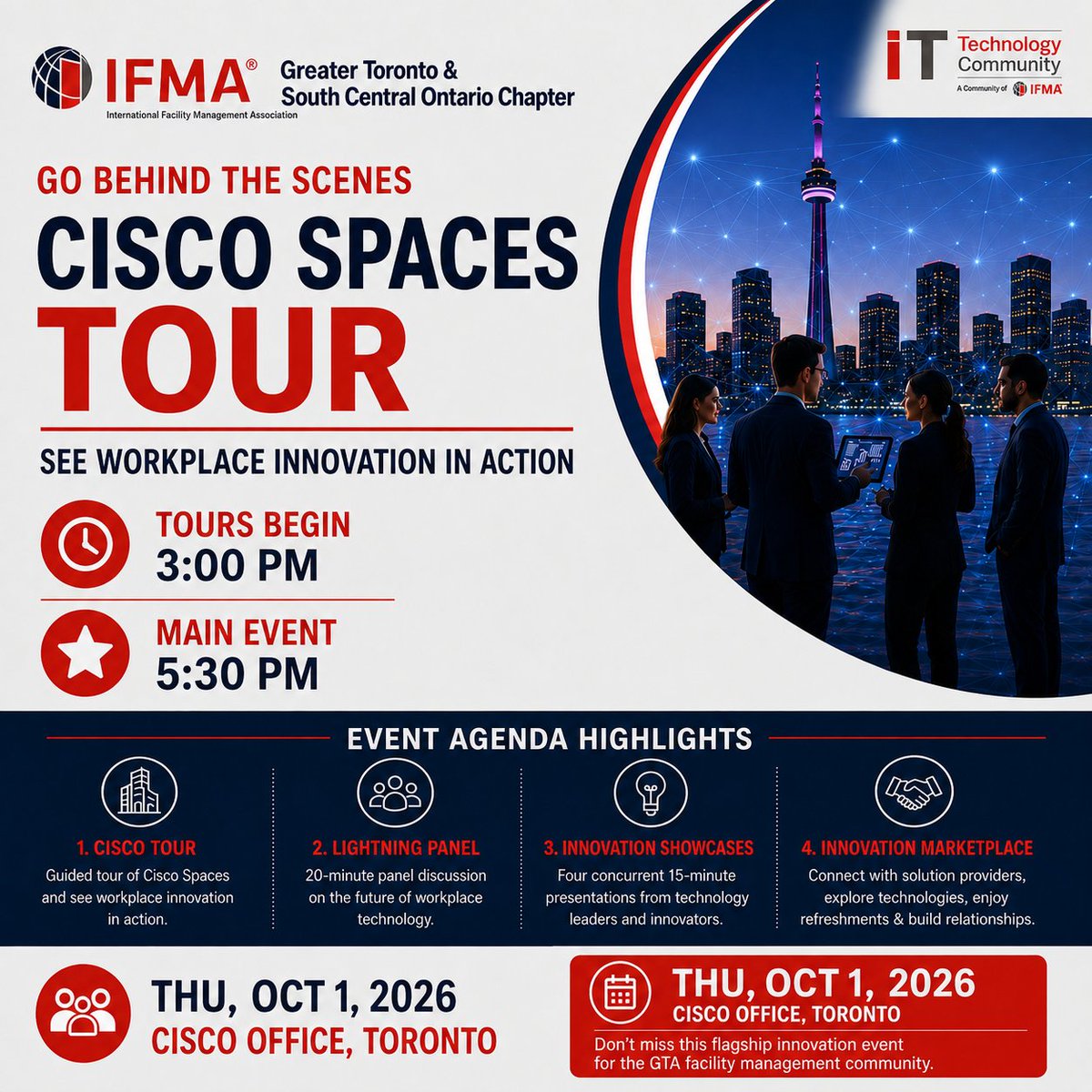 IFMAToronto1's tweet photo. Go behind the scenes at Cisco. Start Technology Day 2026 with a guided Cisco Spaces tour at 3 PM, followed by the main event at 5:30pm. Space is limited, register today: https://t.co/0AqVnMCrVg 

#TechnologyDay2026 #IFMAToronto #FacilityManagement #WorkplaceTechnology https://t.co/RskF37Qkwm
